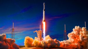 Illustration de la fusée Falcon 9 de SpaceX prête à décoller pour mettre un satellite en orbite géostationnaire. Image réalisée par IA.