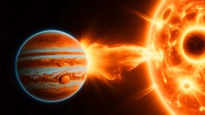 Illustration de l'exoplanète HIP 67522 b en interaction avec son étoile. Image réalisée par IA.