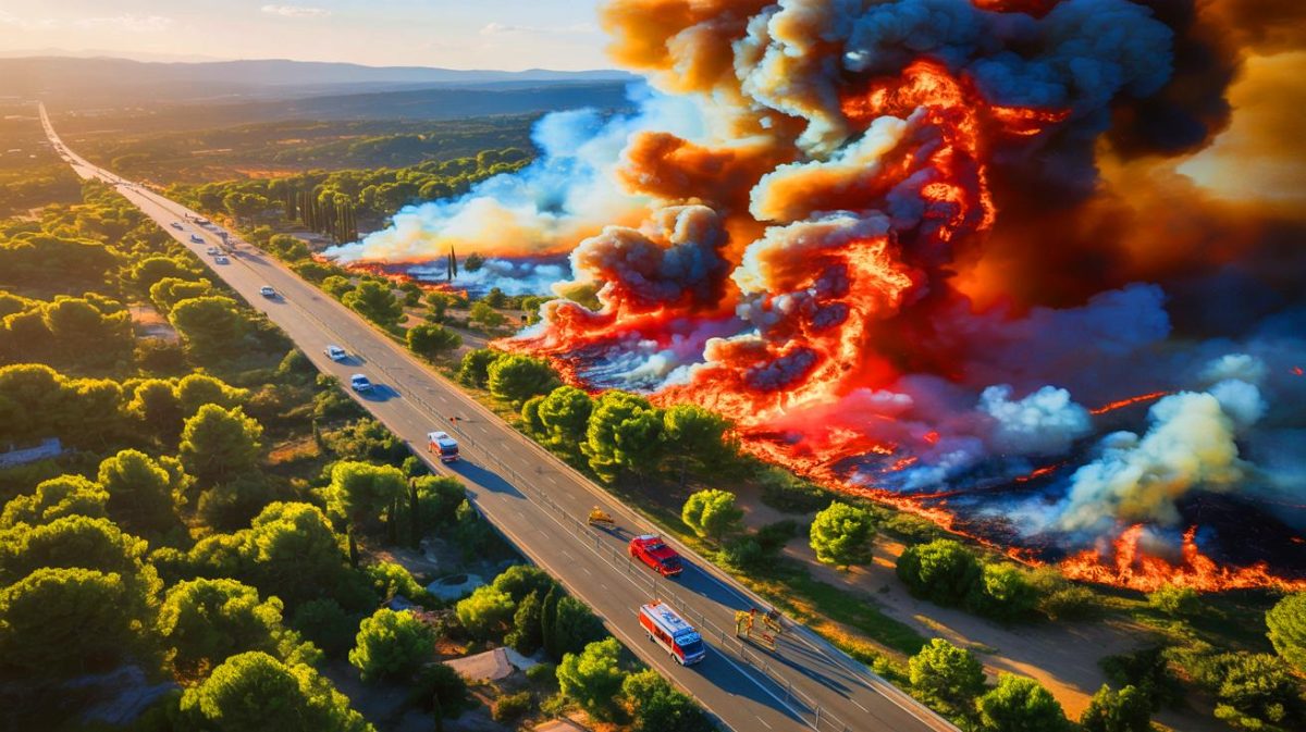 Illustration de l'incendie ravageant le massif de la Gardiole, générée par intelligence artificielle.
