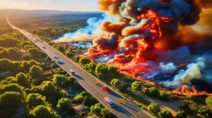Illustration de l'incendie ravageant le massif de la Gardiole, générée par intelligence artificielle.