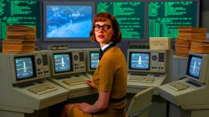 Illustration de Margaret Hamilton travaillant sur le code de la mission Apollo 11. Image réalisée par IA.