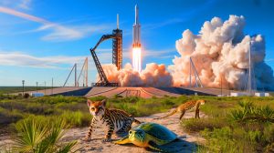 Illustration de l'impact environnemental des essais de Starship sur les espèces menacées à la frontière américano-mexicaine. Image réalisée par IA.