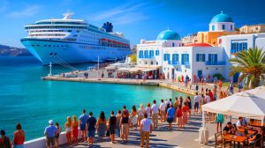 Illustration de bateaux de croisière accostant à Mykonos et Santorin avec une taxe de 20 euros par passager. Image réalisée par IA.