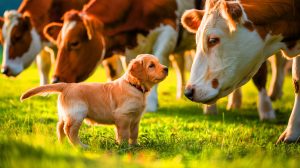 Illustration de la rencontre entre un chiot golden retriever et un troupeau de vaches. Image réalisée par IA.