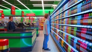 Illustration de la vente d'alcool à des mineurs dans les supermarchés français. Image réalisée par IA.