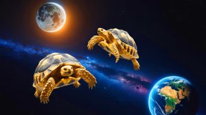 Illustration de tortues voyageant autour de la Lune dans le cadre de la mission Zond 5. Image réalisée par IA.