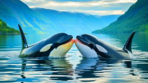 Illustration de deux orques s'embrassant avec la langue dans un fjord norvégien. Image réalisée par IA.