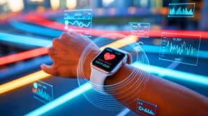 Illustration de l'utilisation de l'intelligence artificielle par l'Apple Watch pour prédire la santé des utilisateurs.