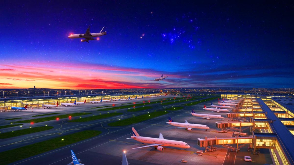 Illustration de l'aéroport de Paris-Orly avec un ciel nocturne, générée par intelligence artificielle.