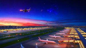 Illustration de l'aéroport de Paris-Orly avec un ciel nocturne, générée par intelligence artificielle.