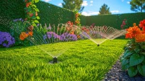 Illustration de l'innovation technologique dans l'entretien de jardin, créée par intelligence artificielle.