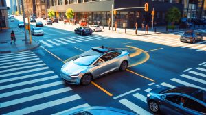 Illustration de Robotaxis de Tesla en situation de conduite autonome, générée par intelligence artificielle.