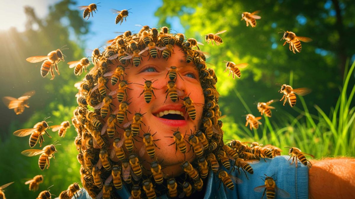 Illustration de l'attaque surprenante d'abeilles qui a conduit à la guérison de la maladie de Lyme, générée par intelligence artificielle.