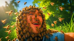 Illustration de l'attaque surprenante d'abeilles qui a conduit à la guérison de la maladie de Lyme, générée par intelligence artificielle.