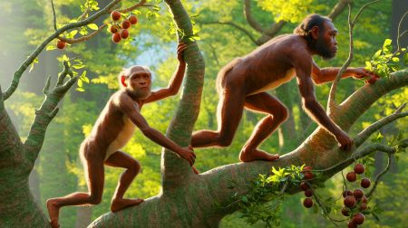 Illustration de l'origine arboricole de la bipédie humaine, générée par intelligence artificielle.