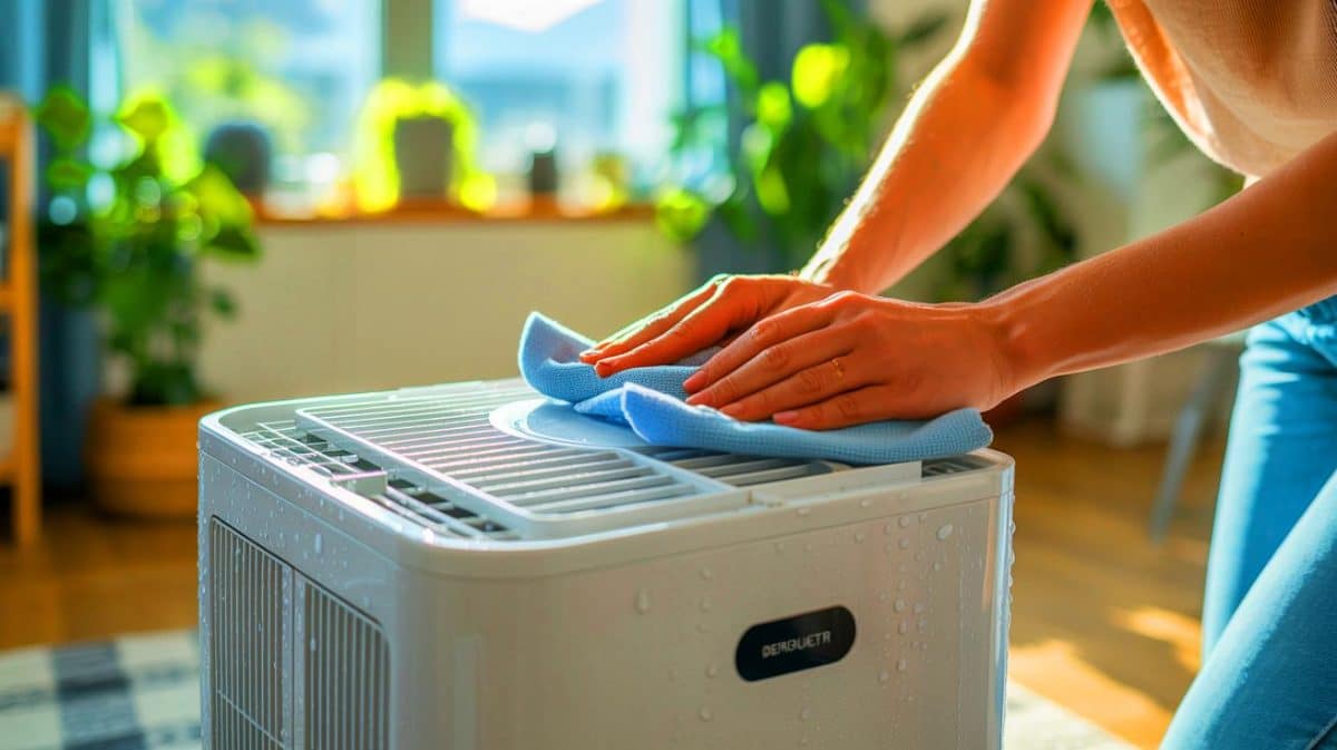 Illustration de l'entretien d'un déshumidificateur pour améliorer la qualité de l'air, générée par intelligence artificielle.