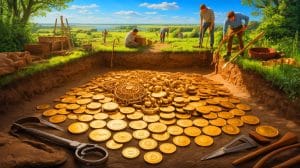 Illustration de la découverte d'un site de culte païen avec des pièces d'or anciennes aux Pays-Bas.