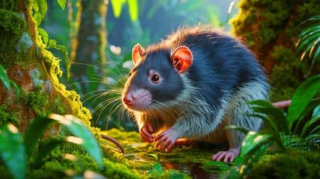 Illustration de la découverte du rat laineux subalpin Mallomys istapantap dans les forêts de Papouasie-Nouvelle-Guinée.