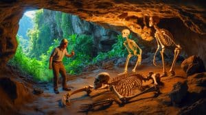 Illustration de la découverte du Homo floresiensis, surnommé "hobbit", sur l'île de Flores en Indonésie.
