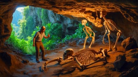 Illustration de la découverte du Homo floresiensis, surnommé "hobbit", sur l'île de Flores en Indonésie.