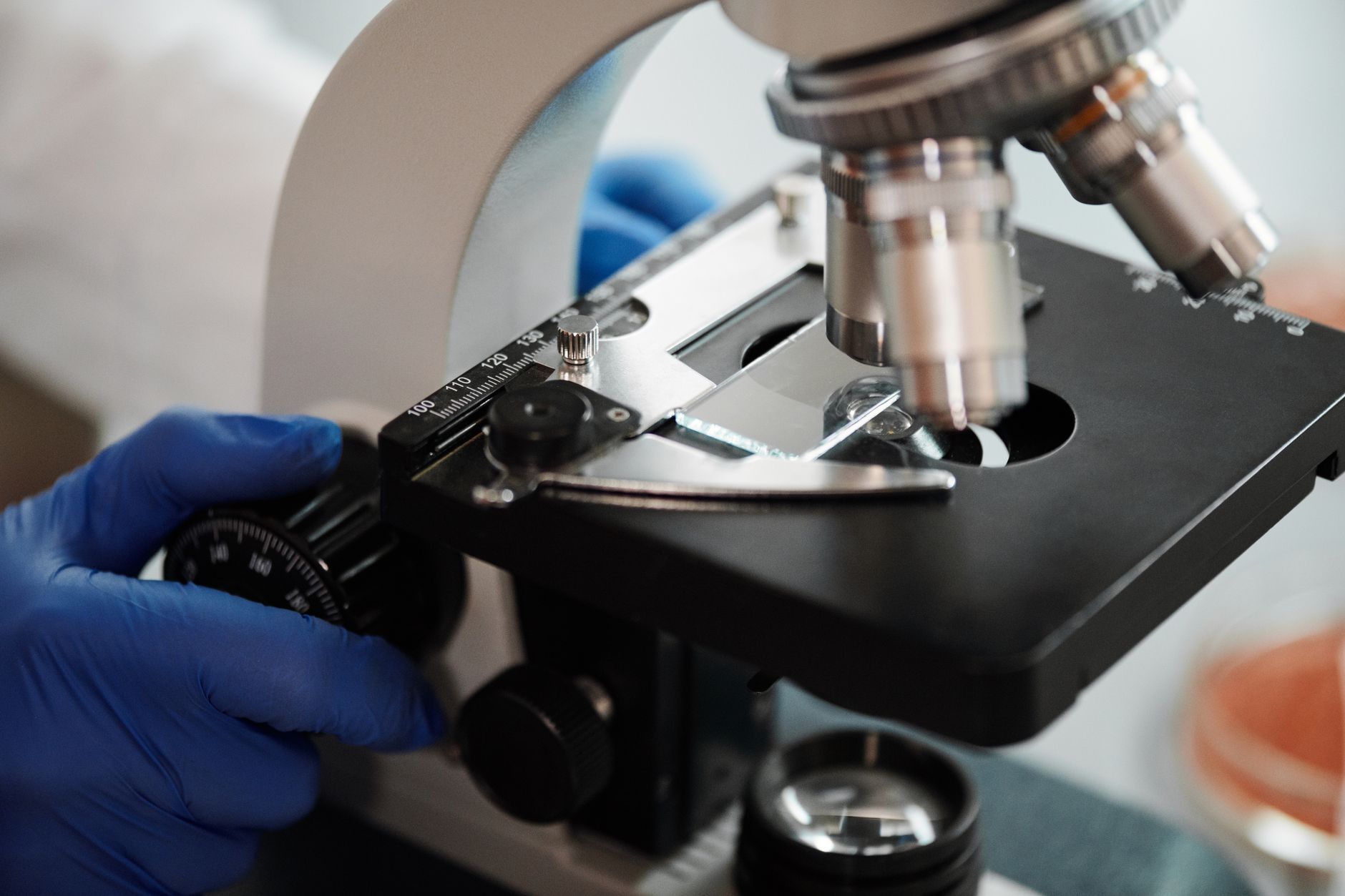 Gros plan sur la platine d’un microscope avec une lame de verre, réglée par une main gantée de bleu.